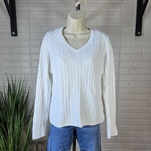 St. Johns Bay White V Neck Cable Knit Sweater Large
